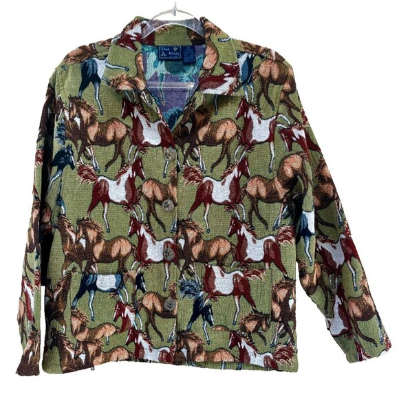 Jane Ashley Size XL Jacket Shacket Equestrian Horse Tapestry Button Up Green - Picture 1 of 8